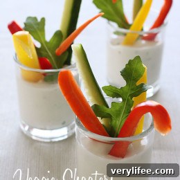 Veggie shooters with dip in small glasses