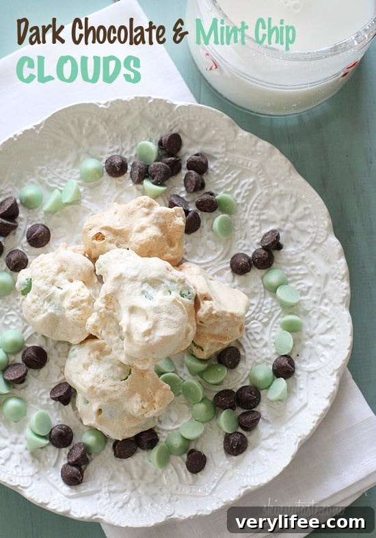 Dark Chocolate and Mint Chip Clouds - light meringue cookies made with mint chocolate chips