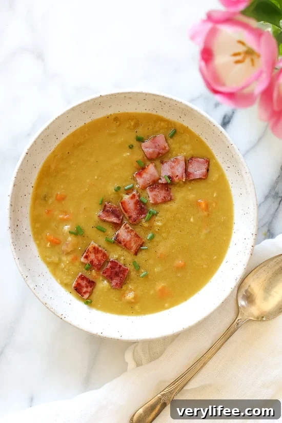 Overhead view of a bowl of Instant Pot split pea soup