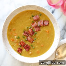 Whenever I make a ham, I always save the ham bone for this delicious pressure cooker Split Pea Soup with Ham recipe.