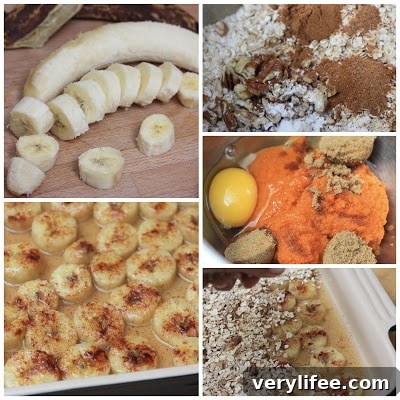 Pumpkin Banana Baked Oatmeal Recipe 3 Cutting board with a whole banana and a sliced banana, banana slices in a baking dish sprinkled with cinnamon, a mixing bowl with oats, nuts, cinnamon, and baking powder, a mixing bowl with pumpkin, brown sugar, and an egg, a baking dish with banana slices topped with oat mixture