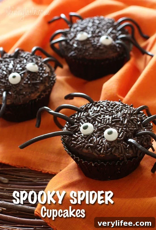 DIY Spooky Spider Cupcakes for Halloween 3 Spooky spider cupcakes arranged on a plate