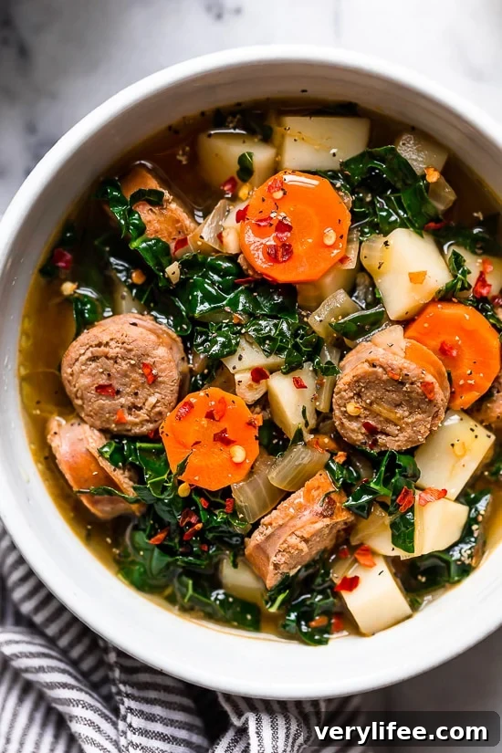 Comforting Kale and Potato Soup with Turkey Sausage Recipe 2 Kale and Potato Soup with Turkey Sausage is an easy, hearty soup made with kale, potatoes, carrots and turkey or chicken sausage.