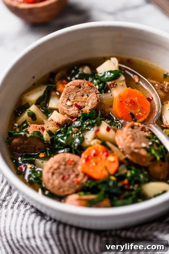 Comforting Kale and Potato Soup with Turkey Sausage Recipe 5 Kale and Potato Soup with Turkey Sausage ready to serve.