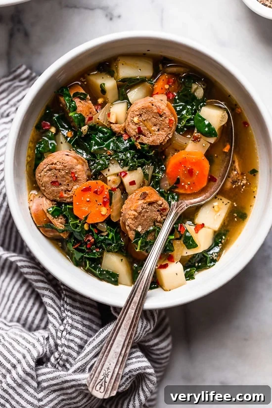Comforting Kale and Potato Soup with Turkey Sausage Recipe 6 Bowl of Kale and Potato Soup with Turkey Sausage from another angle.