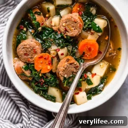 Comforting Kale and Potato Soup with Turkey Sausage Recipe 7 Finished bowl of Kale and Potato Soup with Turkey Sausage.
