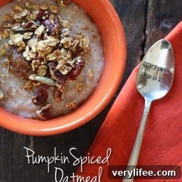 A warm, creamy bowl of pumpkin spiced oatmeal is a great way to start your morning! High in fiber and heart healthy whole grains, this breakfast will fill you up and keep you satisfied until lunch.