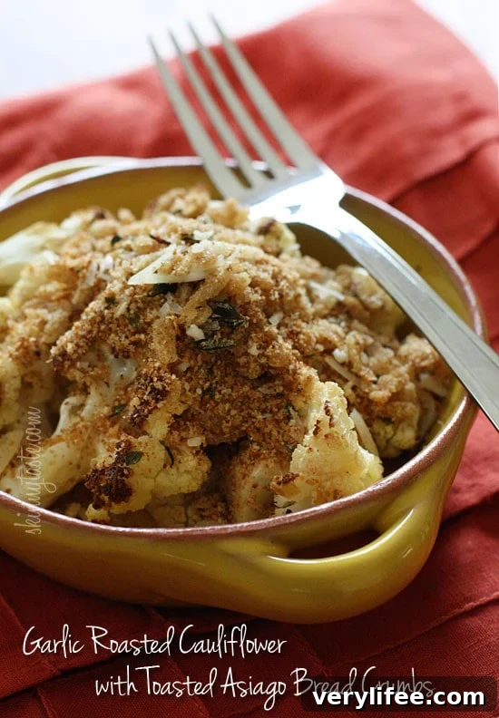 Cauliflower, tossed with a little olive oil, garlic, salt and pepper then roasted in the oven transforms this powerful cruciferous vegetable into a nutty, delicious side dish, especially when topped with toasted bread crumbs.