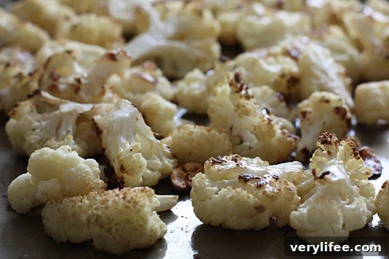 Roasted cauliflower on a baking sheet