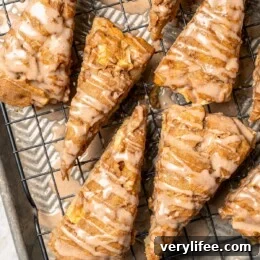 Overhead view of apple scones drizzled with spiced glaze