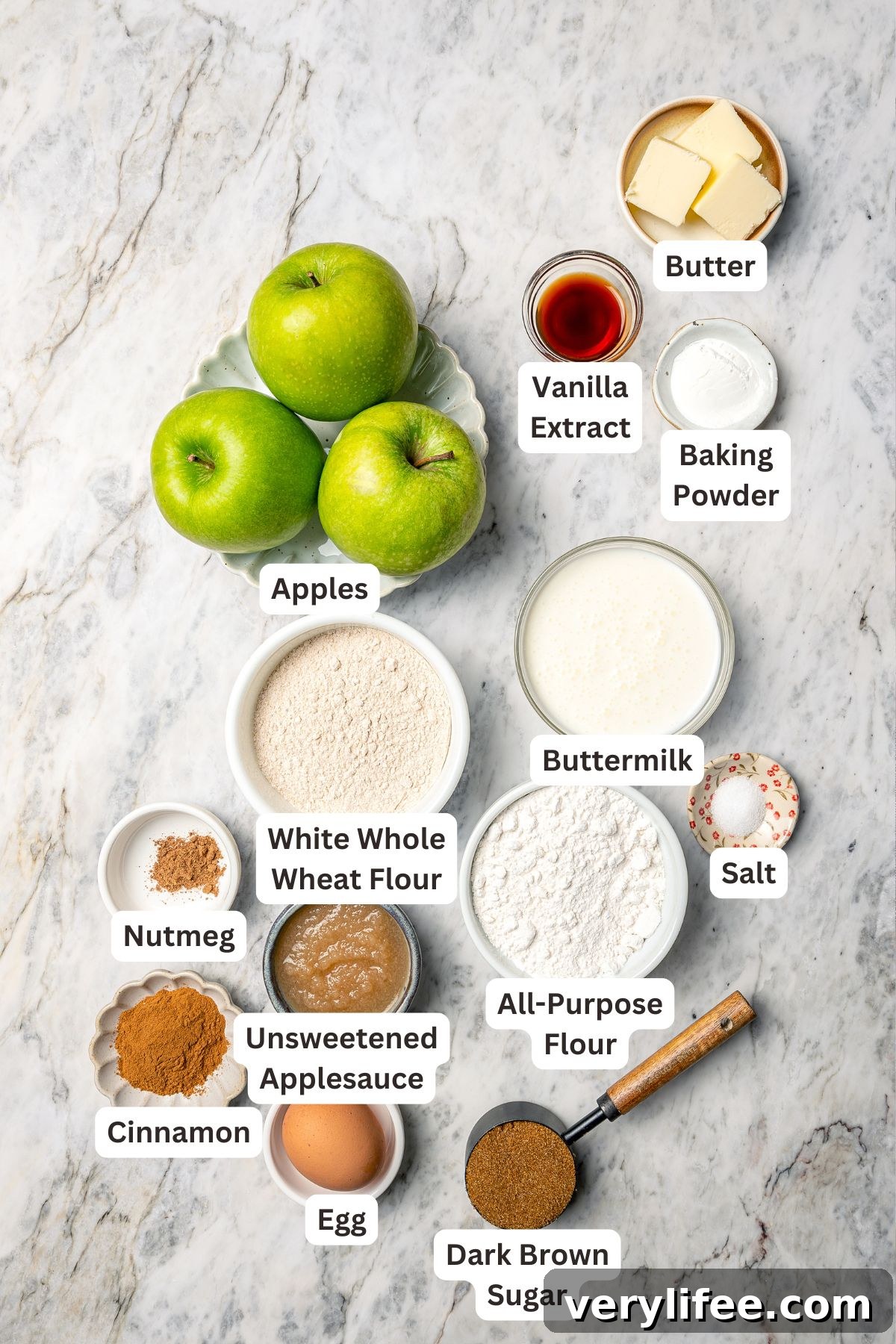 Overhead view of ingredients for apple scones with labels