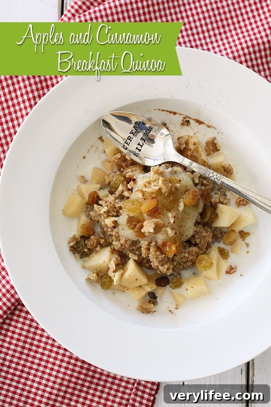 Apple cinnamon breakfast quinoa – quinoa for breakfast you ask? Well yes, quinoa served warm, with its nutty taste and chewy texture, pairs beautifully with fresh crisp autumn apples, golden raisins, pecans, warm milk, vanilla and cinnamon – a delightful breakfast that is both protein packed and comforting.