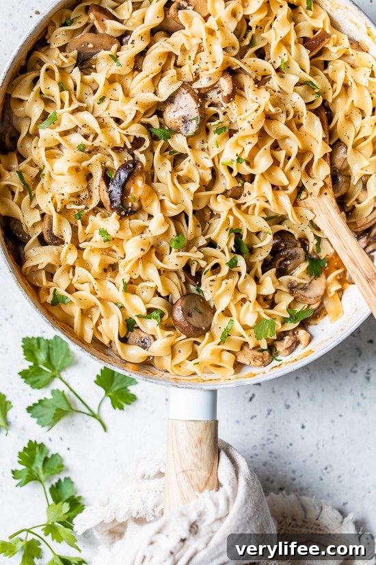 Creamy Mushroom Stroganoff Recipe 6 This healthy stroganoff with shiitake, baby portabella, and cremini mushrooms with noodles in a light creamy sauce is a quick and easy meal, perfect for Meatless Mondays!