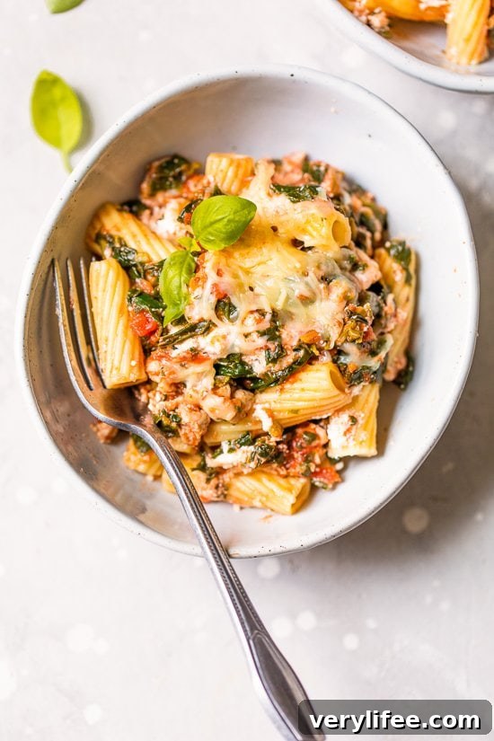 Pasta in a bowl with Sausage and Spinach