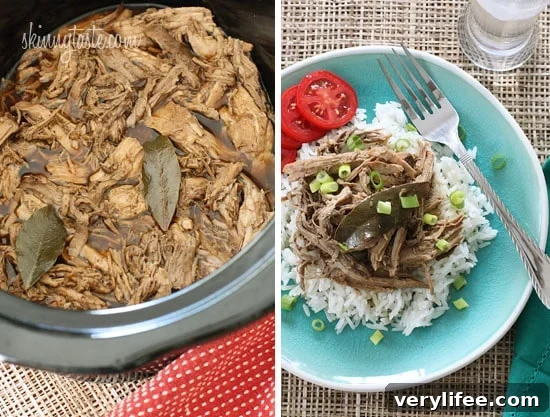 Close-up of shredded adobo pulled pork with scallions