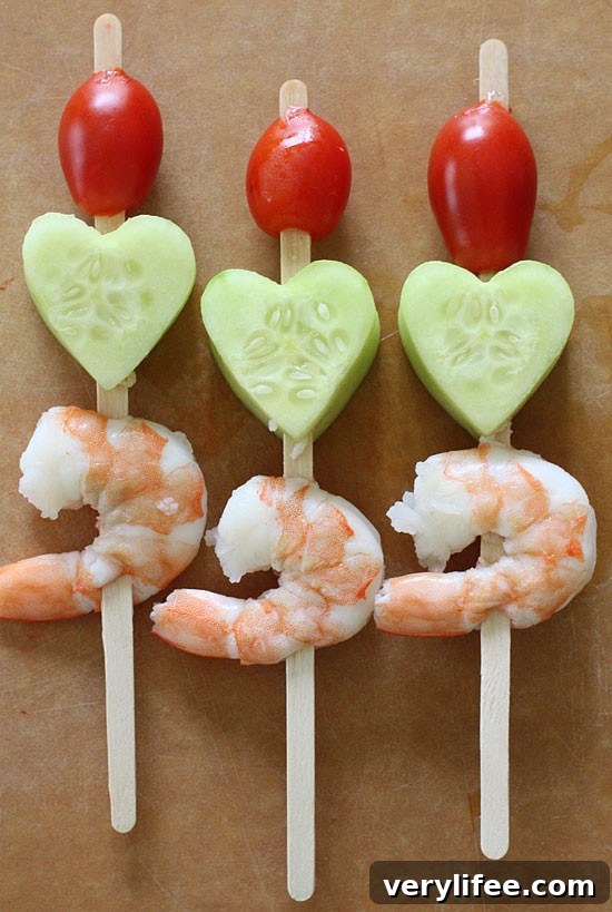 Mini shrimp, tomato and cucumber skewers