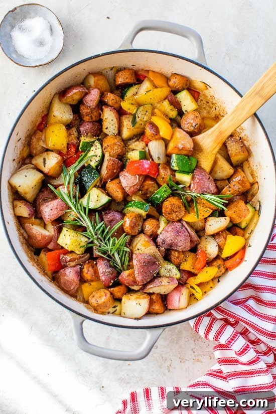 One-Pan Sausage, Potatoes and Summer Vegetables 5 One pot sausage and potatoes with vegetables
