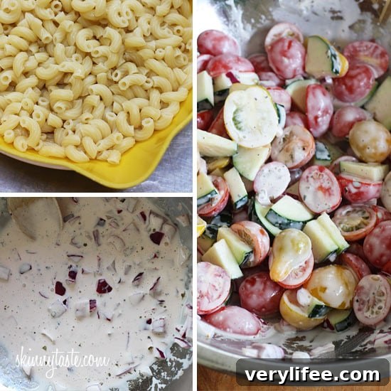 Refreshing Summer Macaroni Salad with Tomatoes and Zucchini 5 Closeup of macaroni salad with tomatoes and zucchini