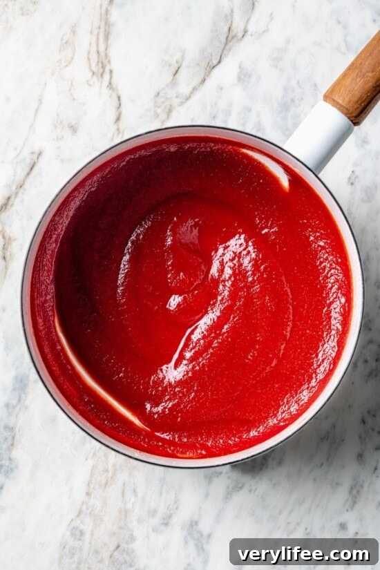 How to Make Homemade Ketchup from Scratch 6 Overhead view of homemade ketchup in saucepan