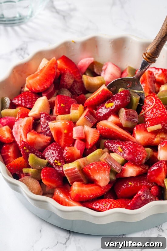Fruit in baking dish Strawberry and rhubarb in baking dish