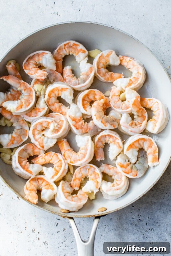 Spicy Shrimp Fra Diavolo with Linguine 5 shrimp in a skillet