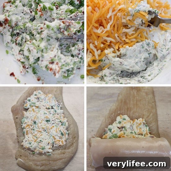 Crispy Baked Chicken Stuffed with Cheesy Jalapeno Poppers 8 Cream cheese filling on to chicken to roll up.