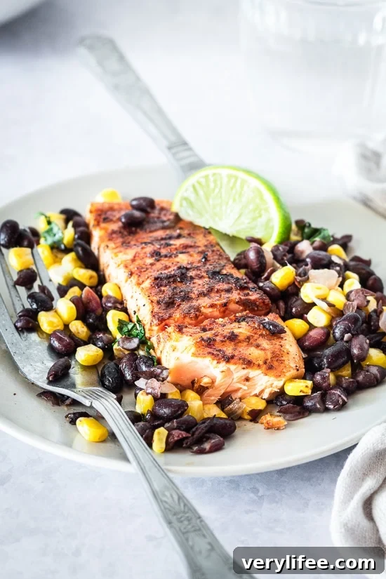 Spiced Rubbed Grilled Salmon with Black Beans Corn Salsa
