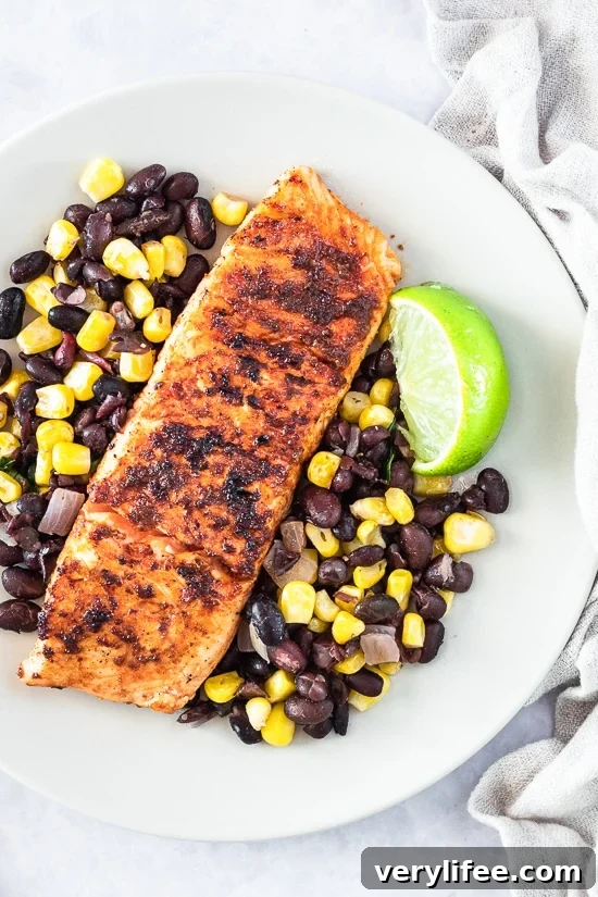 Smoky Spice Rubbed Grilled Salmon with Black Beans and Corn