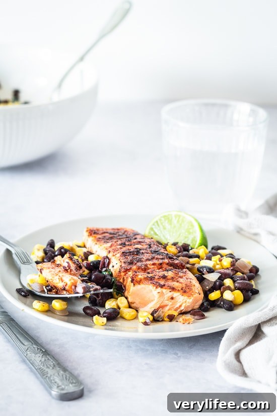 Smoky Spice Rubbed Grilled Salmon with Black Bean Corn Salsa