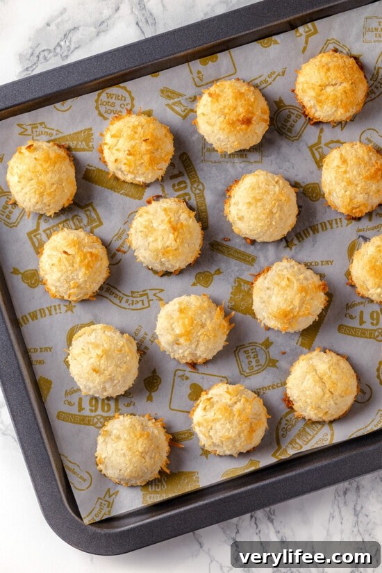 Baked coconut macaroons on a baking sheet