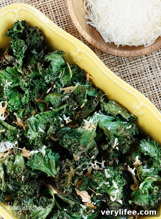 Crispy Baked Parmesan Kale Chips 3 Delicious and easy to make baked kale chips with parmesan makes this a great low-fat, low-calorie, low-carb, gluten-free, vegetarian, and antioxidant rich snack.