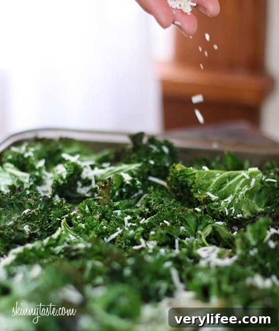 Crispy Baked Parmesan Kale Chips 5 Delicious and easy to make baked kale chips with parmesan makes this a great low-fat, low-calorie, low-carb, gluten-free, vegetarian, and antioxidant rich snack.