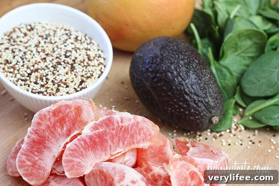 Quinoa Salad with Spinach Grapefruit and Avocado close-up
