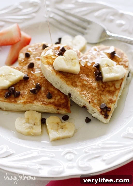 Heart-Shaped Banana Pancakes with Chocolate Chips 4 Stack of heart-shaped banana chocolate chip pancakes