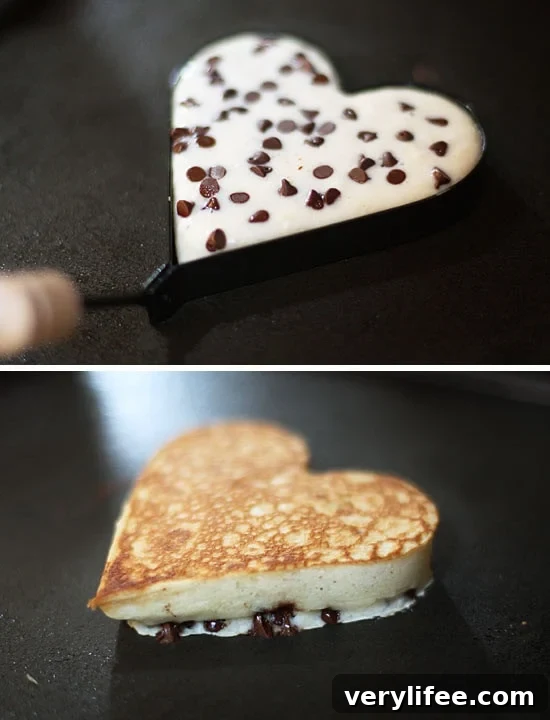 Heart-Shaped Banana Pancakes with Chocolate Chips 8 Stack of heart-shaped pancakes with chocolate chips