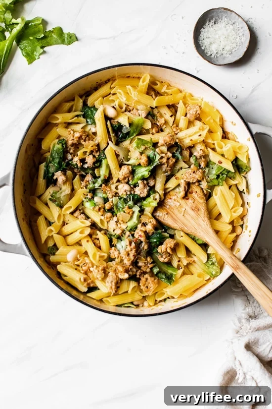 Finished pasta with sausage, escarole and beans.