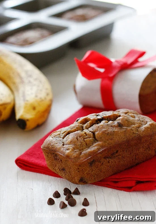 Mini Chocolate Chip Banana Bread Loaves 4 Close up of whole wheat banana bread with chocolate chips.