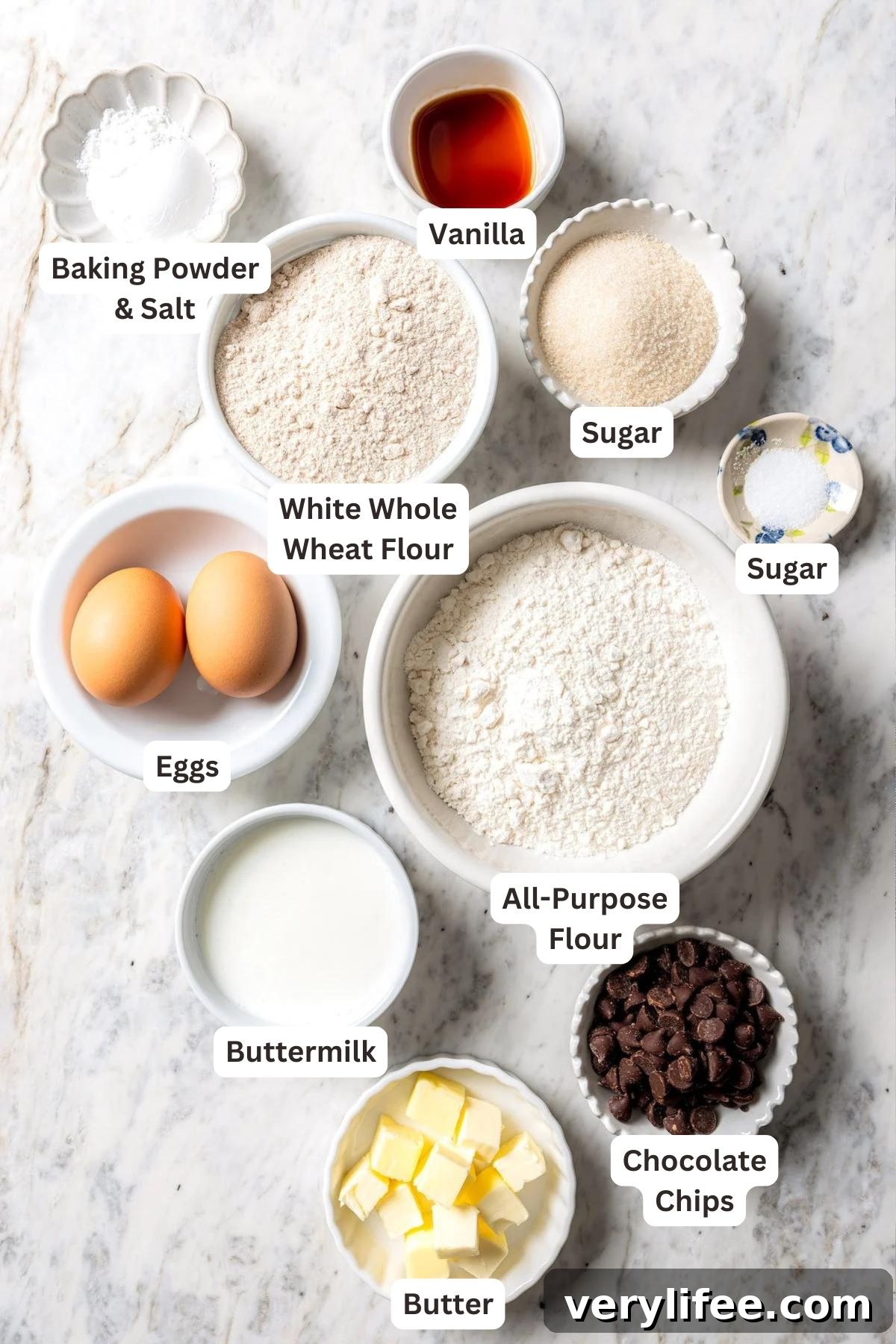 Chocolate Chip Scones Recipe: Tender, Buttery, Flaky 2 Overhead view of ingredients for chocolate chip scones