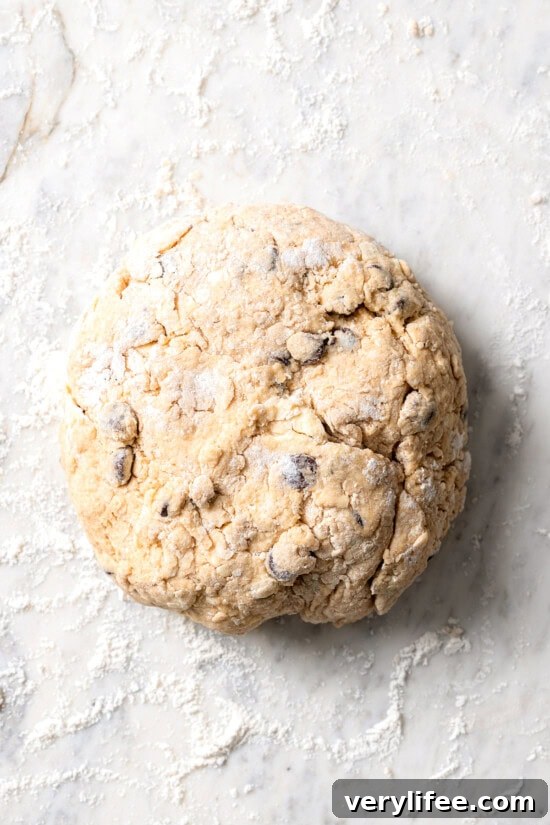 Chocolate Chip Scones Recipe: Tender, Buttery, Flaky 7 Overhead view of dough for chocolate chip scones