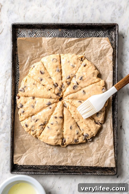 Chocolate Chip Scones Recipe: Tender, Buttery, Flaky 8 Overhead view of chocolate chip scones being brushed with egg white