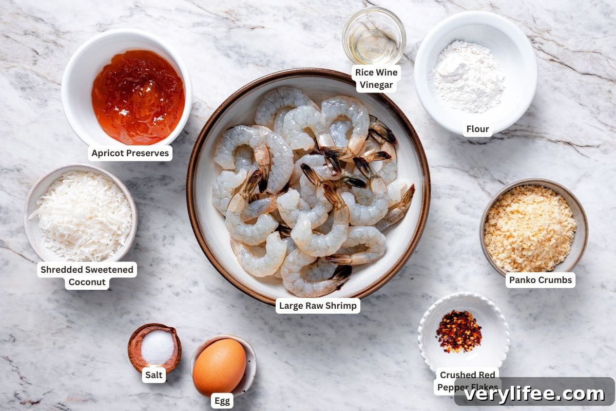 Ingredients for baked coconut shrimp.