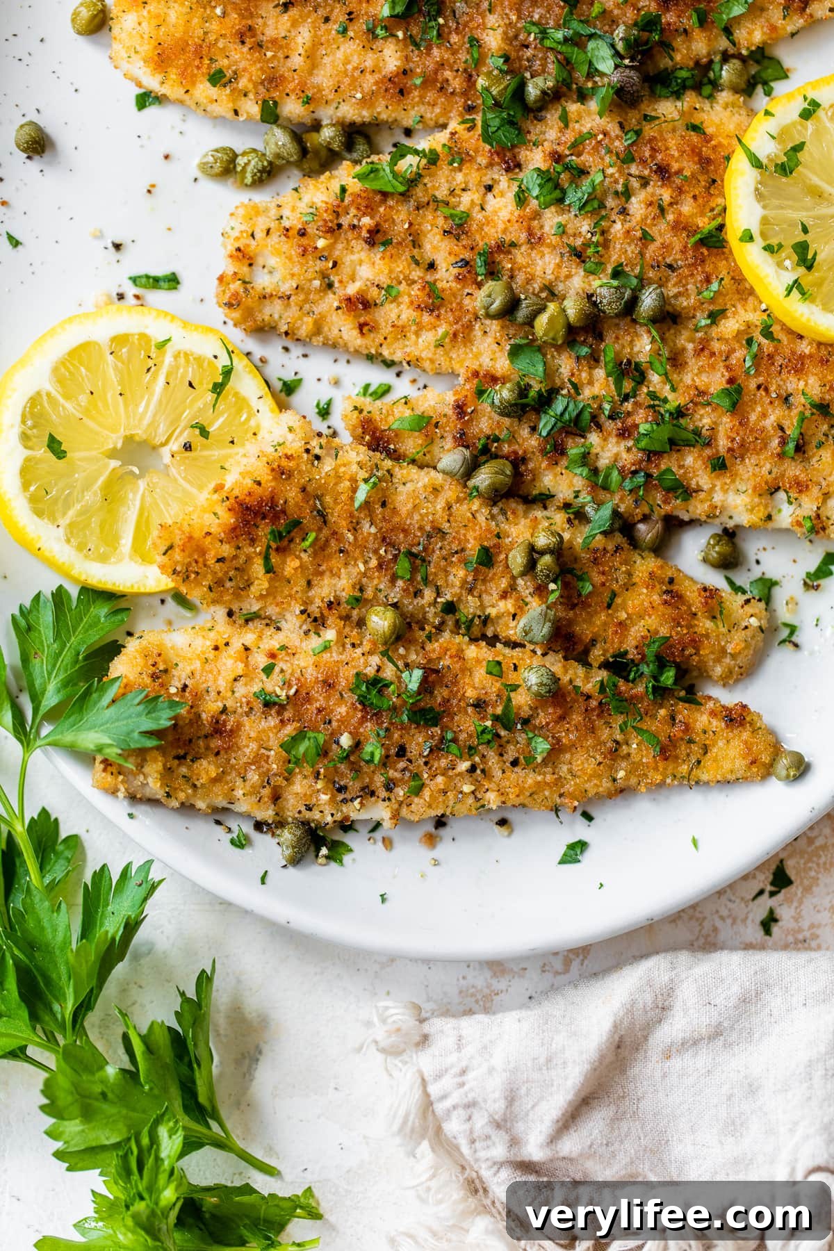 Pan-Seared Flounder Piccata with Lemon Caper Sauce 4 Flounder Piccata on a platter