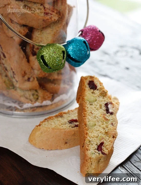Sliced pistachio cranberry biscotti