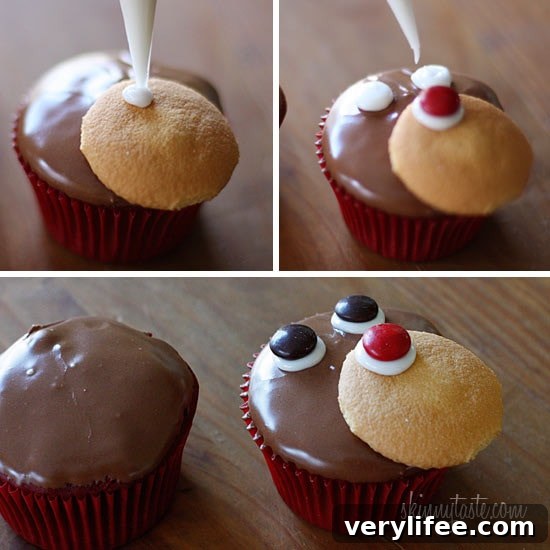 Red velvet yogurt cupcakes topped with a chocolate glaze. These festive reindeer cupcakes are easy to make perfect for a Holiday party!