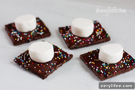 Smores Pops – Chocolate graham crackers coated with melted chocolate and marshmallows on a stick. A fabulous winter treat whether you want to make them as favors or just have fun making them with the kids.