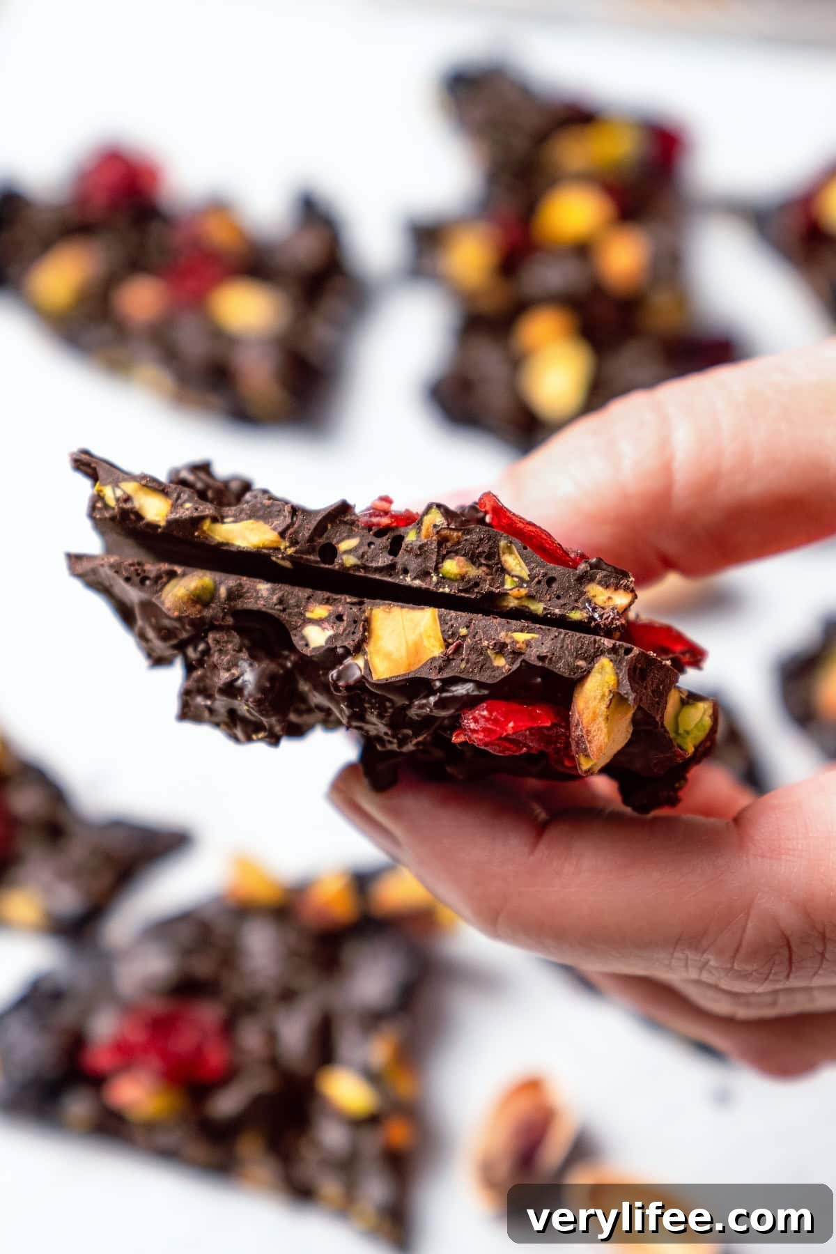 Hand holding two pieces of dark chocolate bark with pistachios and cranberries Hand holding two pieces of dark chocolate bark with pistachios and cranberries.