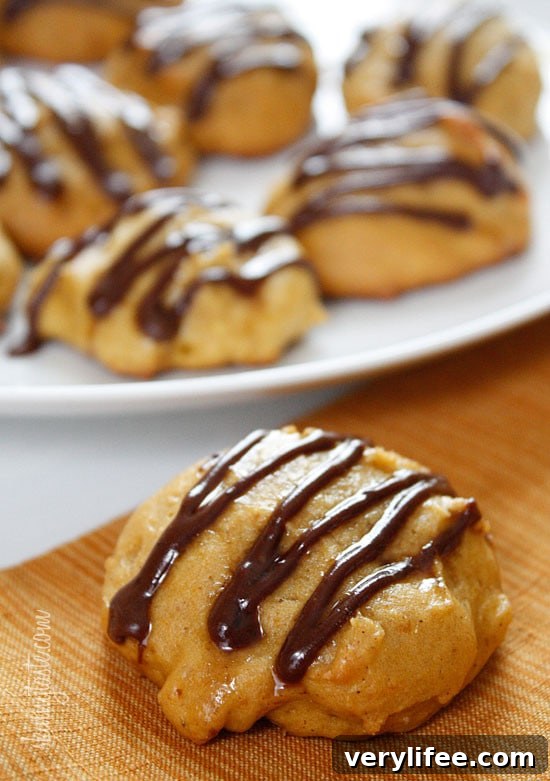 Low-fat pumpkin spice cookies have a cake ball quality to them, drizzled with a chocolate glaze, they are seriously good!