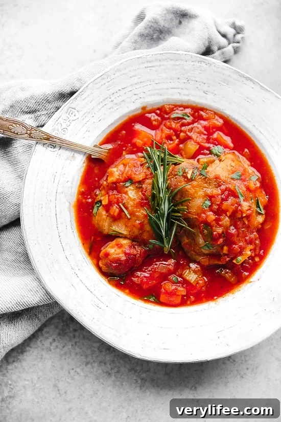 Pollo in Potacchio: Tomato and Rosemary Braised Chicken 2 Pollo in Potacchio is an Italian braised chicken dish made with tomatoes, rosemary and garlic. The chicken cooks until it's fork tender, which is great served with pasta, noodles or polenta.