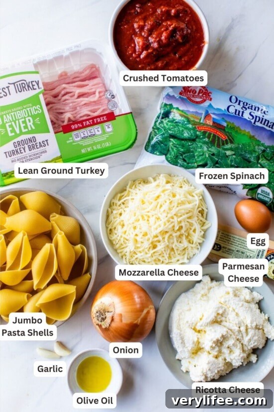 Ingredients for Stuffed Shells with Meat Sauce.