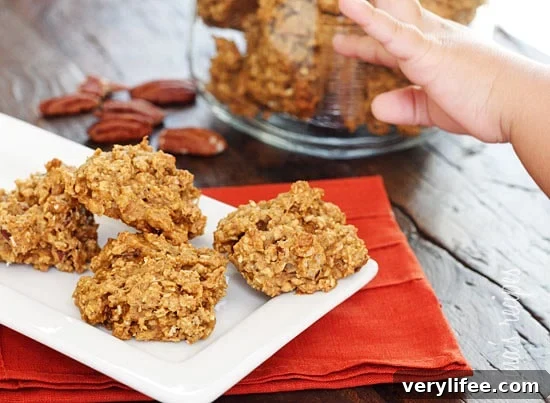 Pumpkin Spiced Oatmeal Pecan Cookies – Chewy, low-fat oatmeal cookies made with quick oats, pumpkin, spices, and chopped pecans.
